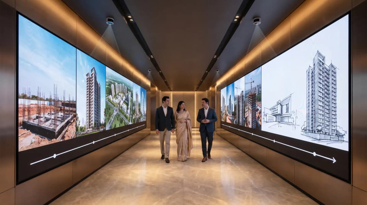 Convrse immersive LiDAR interactive passage — LED panels showing real estate content