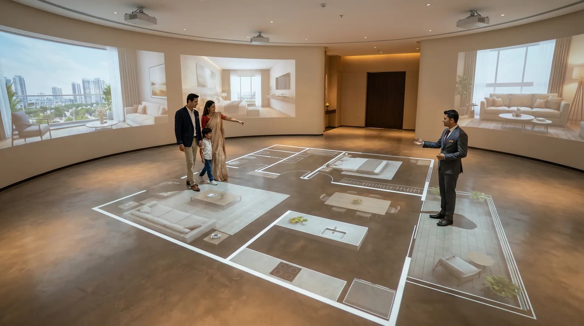 Convrse immersive walkable floor plan — projected blueprints and surrounding panoramic displays