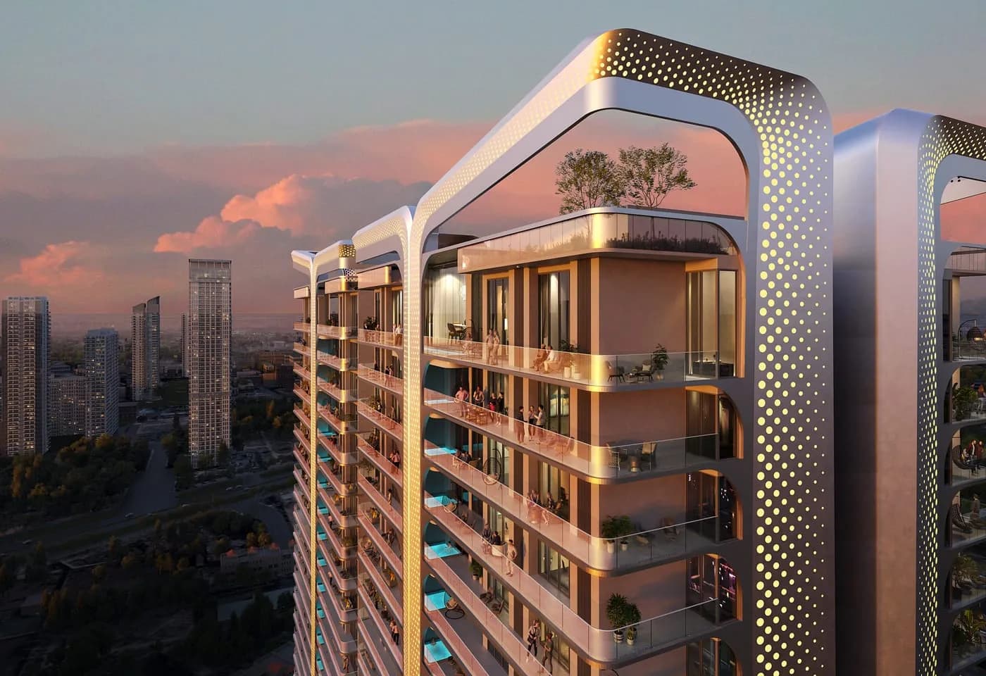 Convrse Spaces — luxury residential tower render at dusk